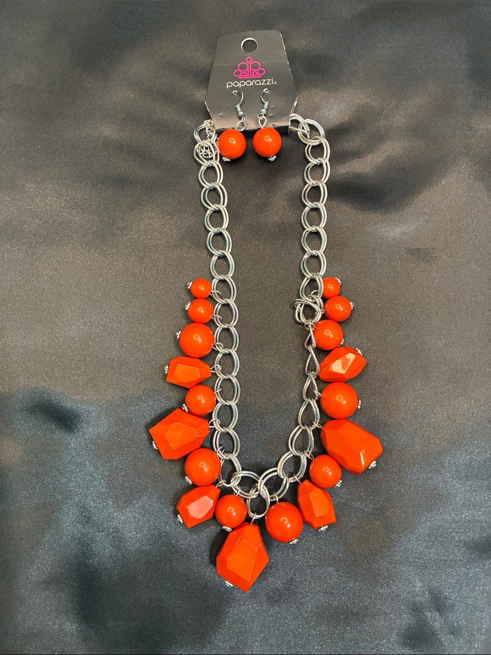 paparazzi Bright Orange Beaded Bib Necklace and Earrings